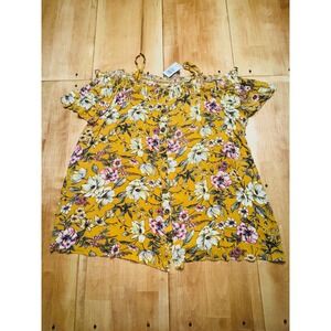Torrid Yellow Floral Cold Shoulder Smocked Button Front Top Plus Size‎ 3 3X